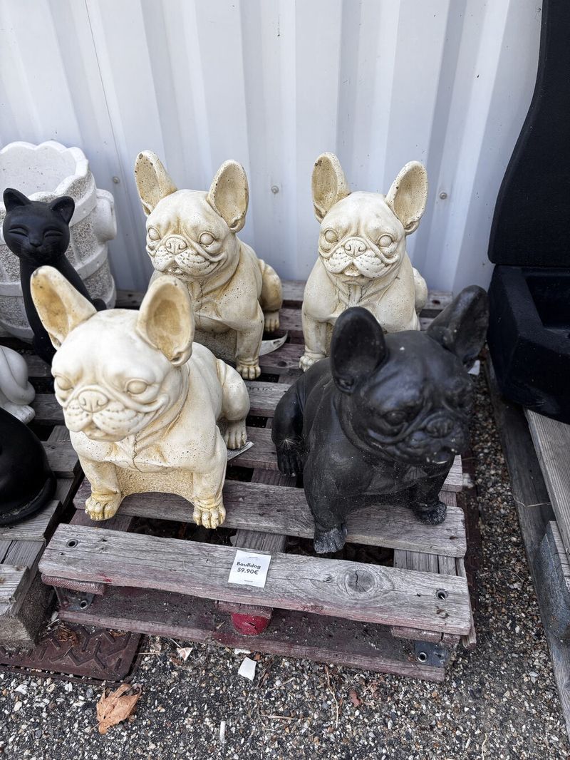 Statues de bulldog en pierre, disponibles chez Distribat 82